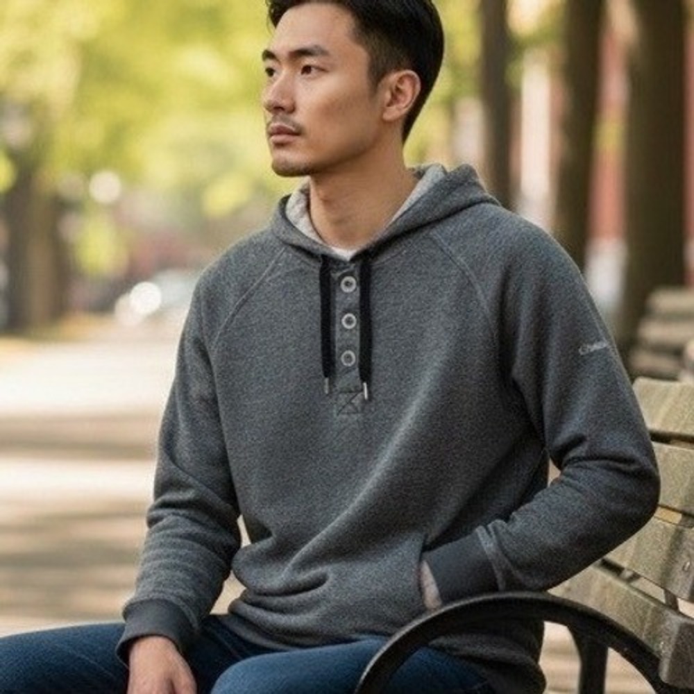 Columbia Mens XL6124 Henley Hoodie Gray French Terry Pullover Size L